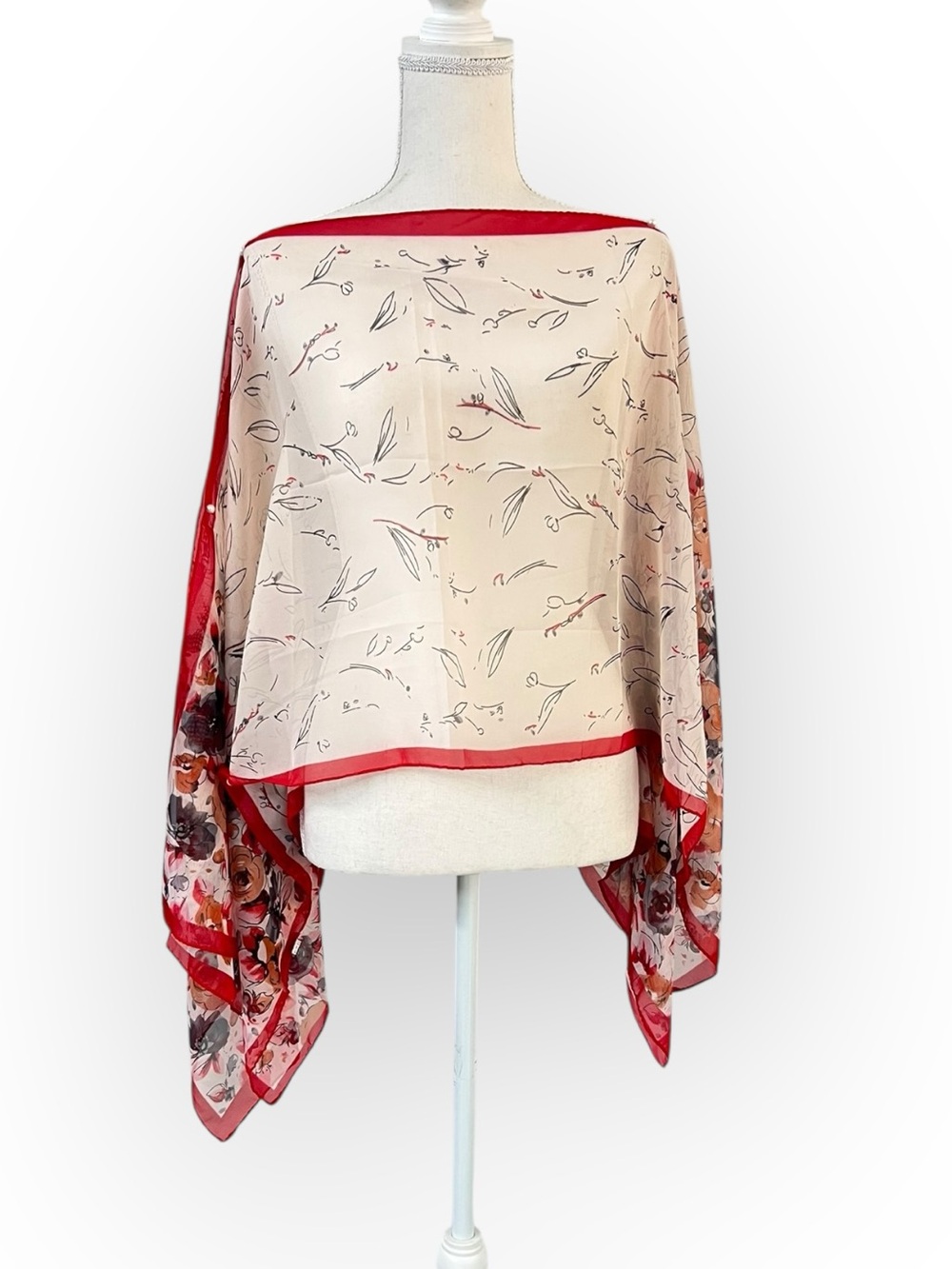 Red Gray Cream Cottagecore Floral Convertible Scarf Wrap Kimono NWT